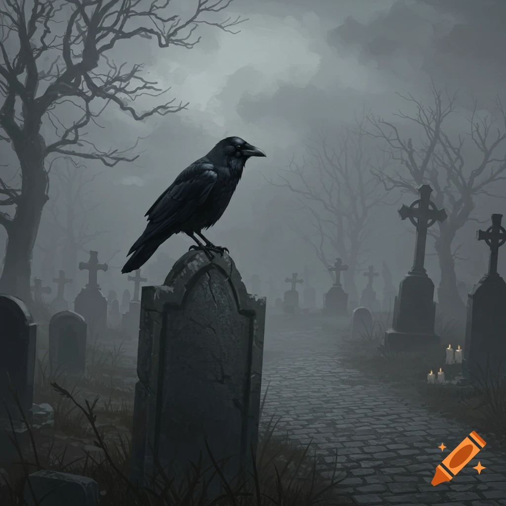 A black crow perches on a tombstone in a misty, dark graveyard filled with bare trees and other tombstones.
