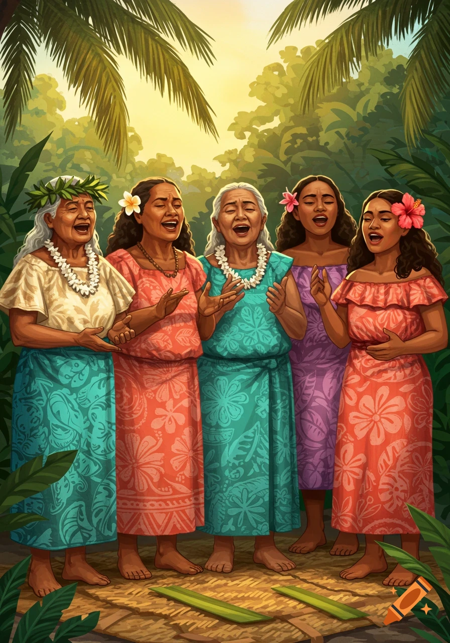 Five Samoan women of varying ages sing together outdoors amidst lush tropical foliage, wearing colorful patterned dresses and floral adornments.