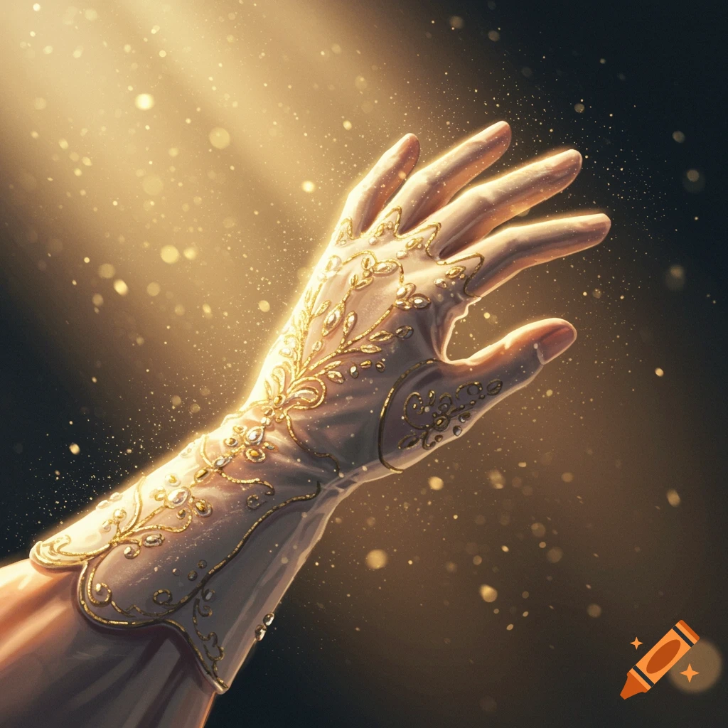 A hand wearing a shimmering white and gold ornate glove, illuminated by golden light rays and sparkling particles on a dark background.