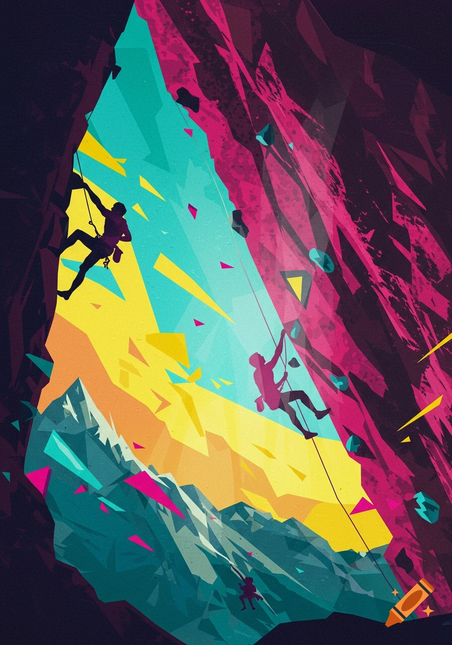 Abstract illustration of silhouetted figures rock climbing on vibrantly colored, geometric rock formations.