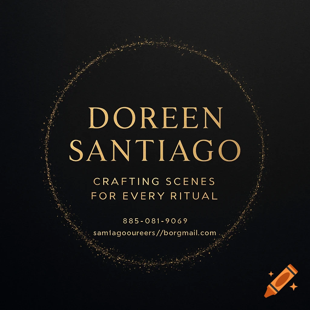 A sophisticated gold and black logo for Doreen Santiago with a sparkling circle, slogan, phone number, and email.
