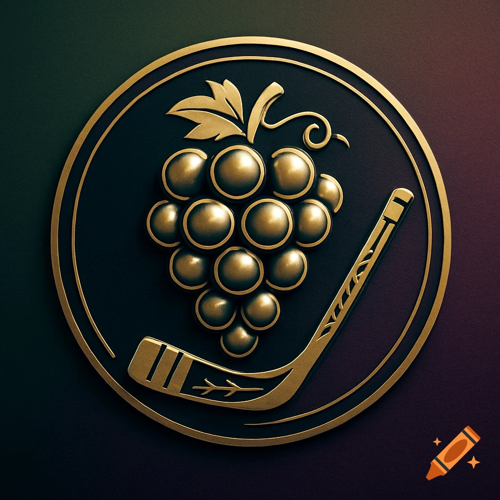 A gold metallic embossed logo featuring a cluster of grapes with a leaf and a hockey stick on a dark background.