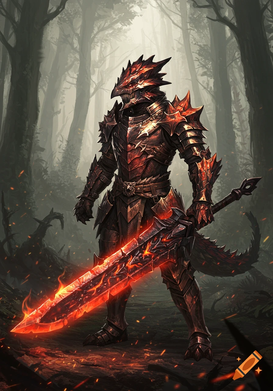 A formidable dragon-like warrior in black and red armored gear wields a glowing flaming greatsword in a misty, dark forest.