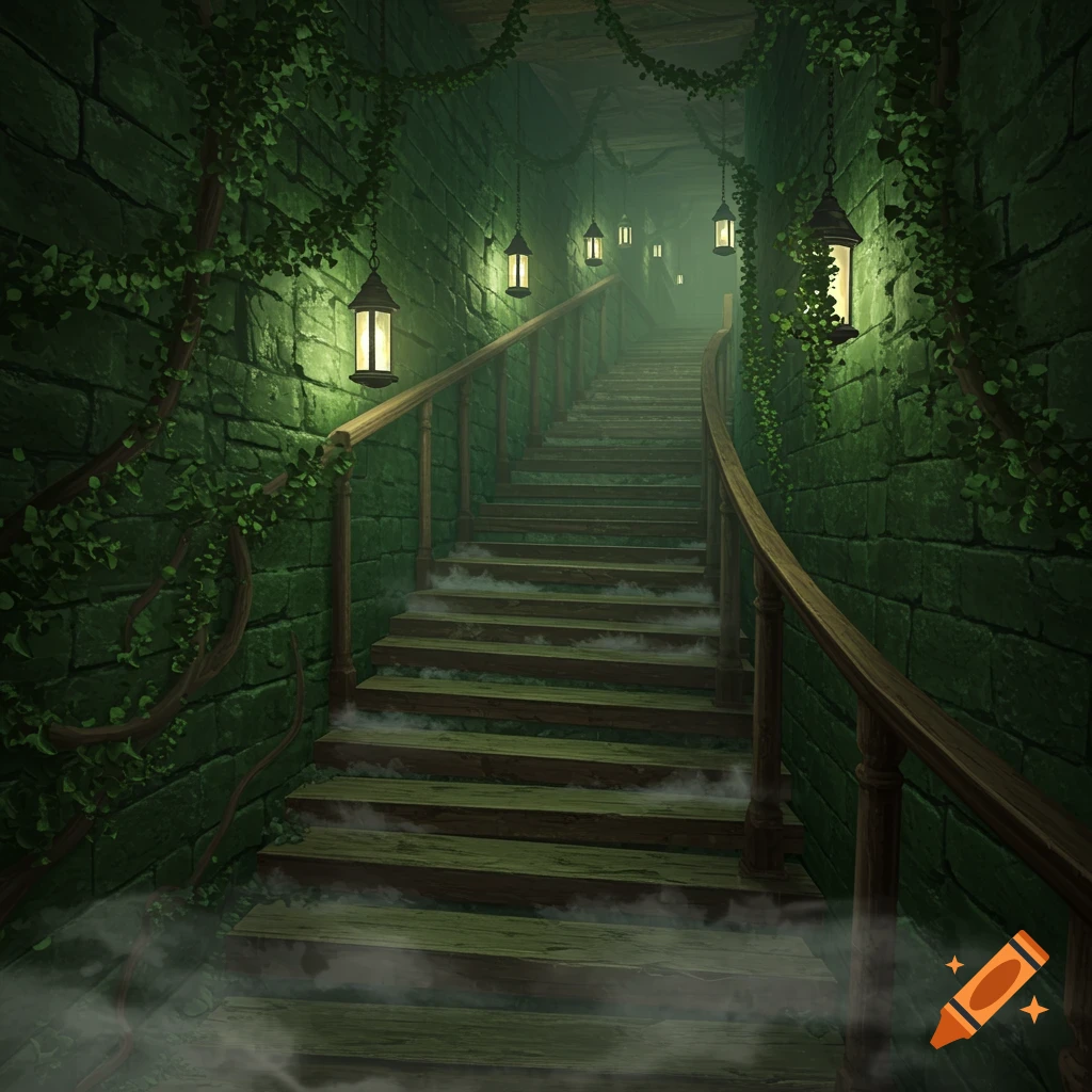 A dimly lit stone staircase descends into mist, lined with vines and glowing lanterns along the rough-hewn walls.