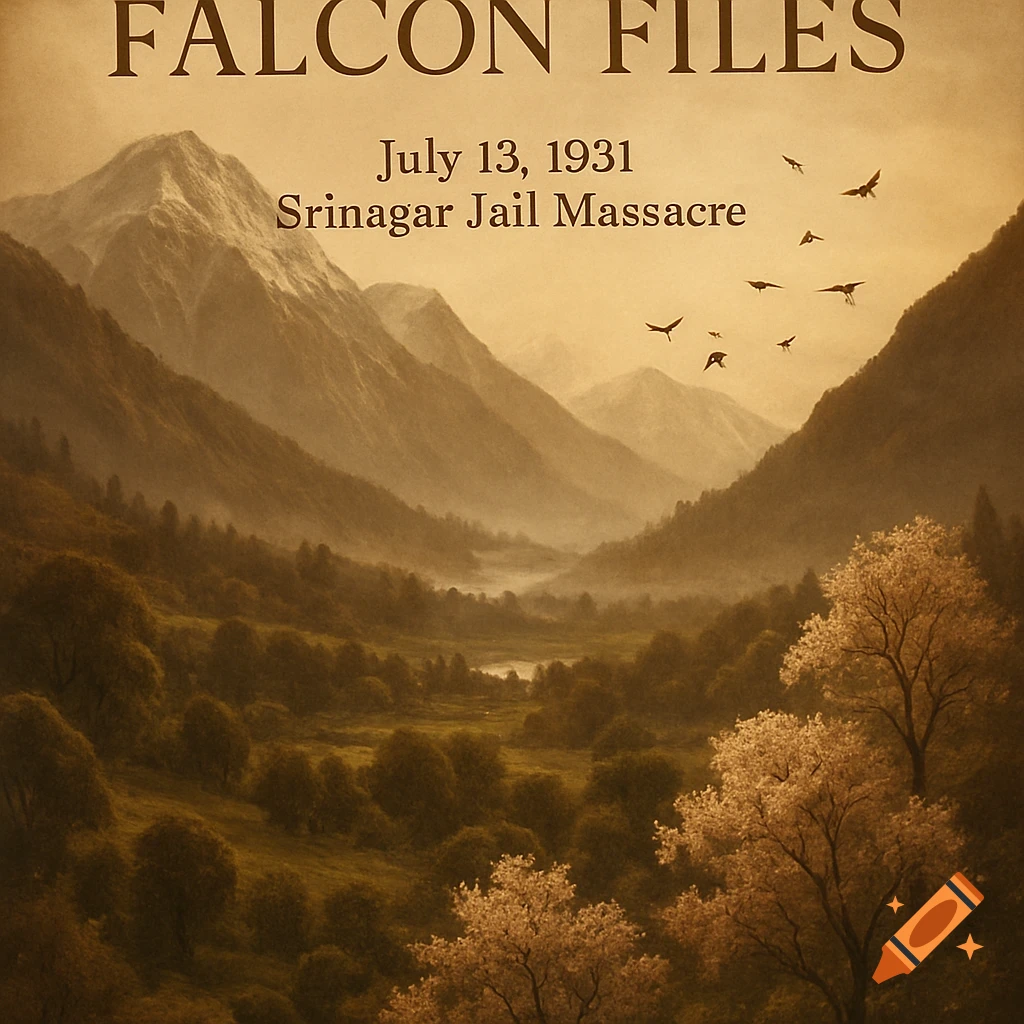 Sepia-toned landscape painting of a mountain valley with trees, a river, and birds flying, featuring text 'FALCON FILES July 13, 1931 Srinagar Jail Massacre'.