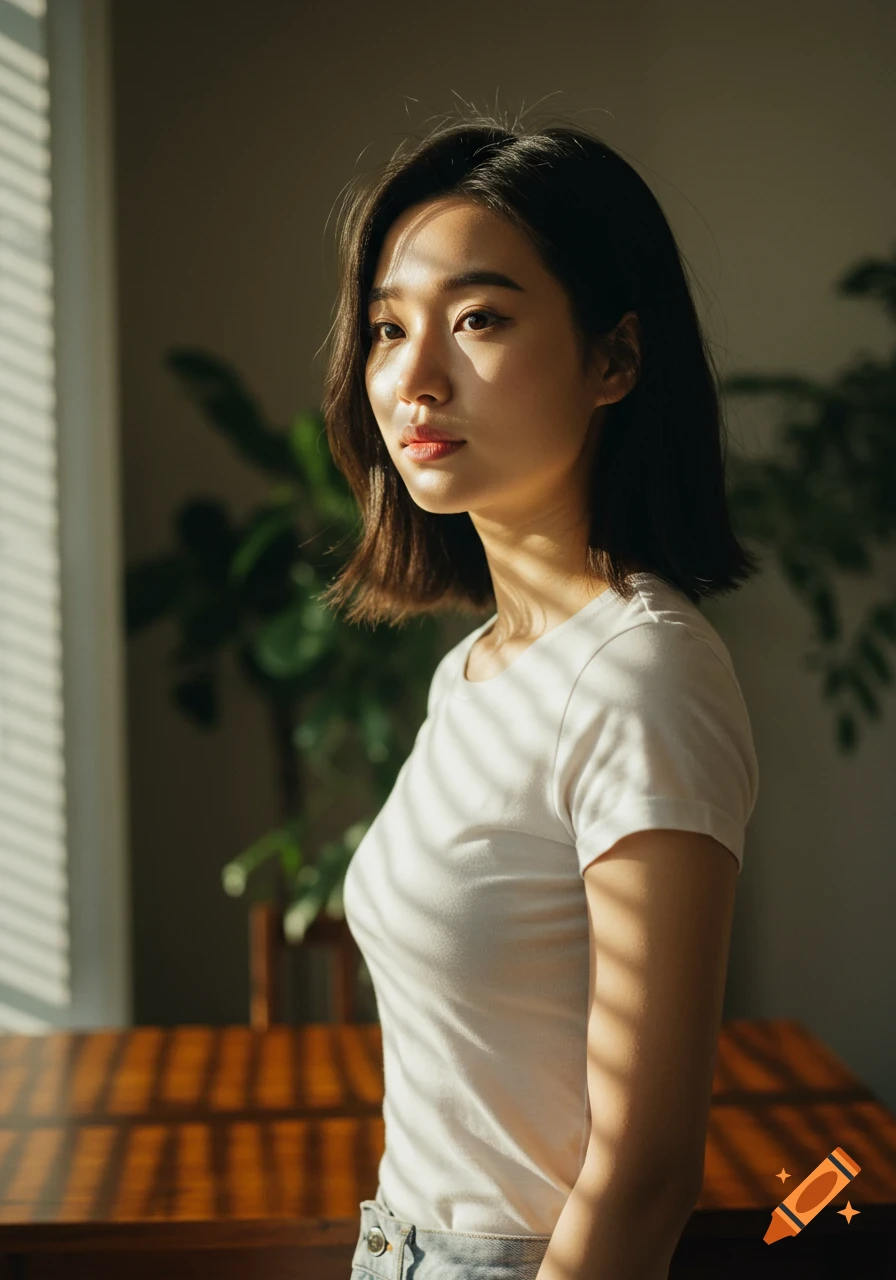 A photorealistic portrait of an East-Asian woman in a white t-shirt, standing by a sunlit window with plants in the background.