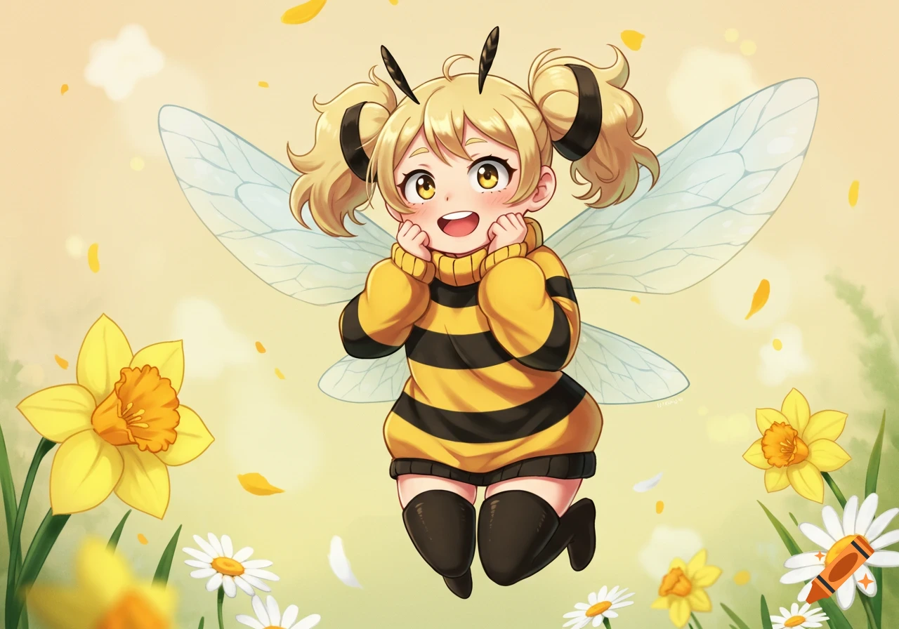 Cute anime bee girl with pigtails, bee wings, and a striped sweater, floating cheerfully among yellow flowers.