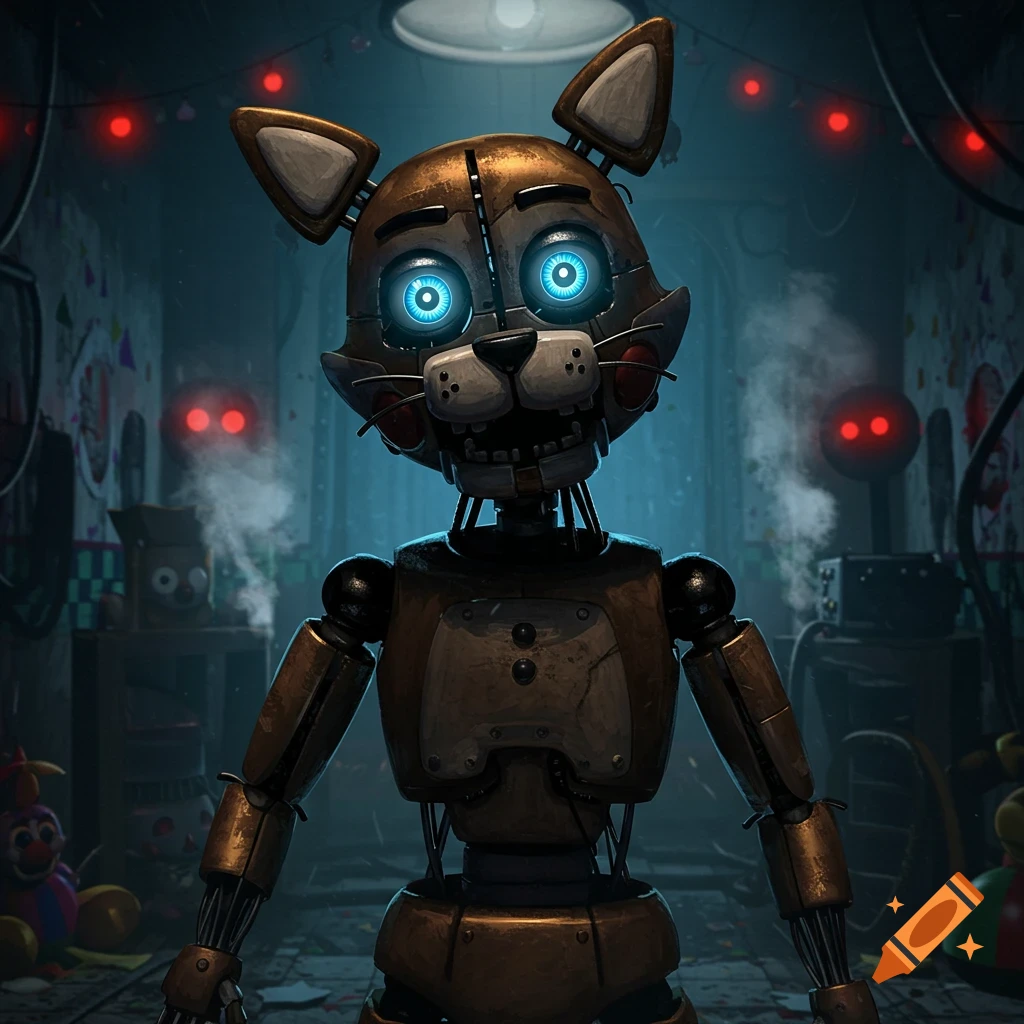 A Five Nights at Freddy's styled animatronic cat with glowing blue eyes stands in a dark, eerie room.