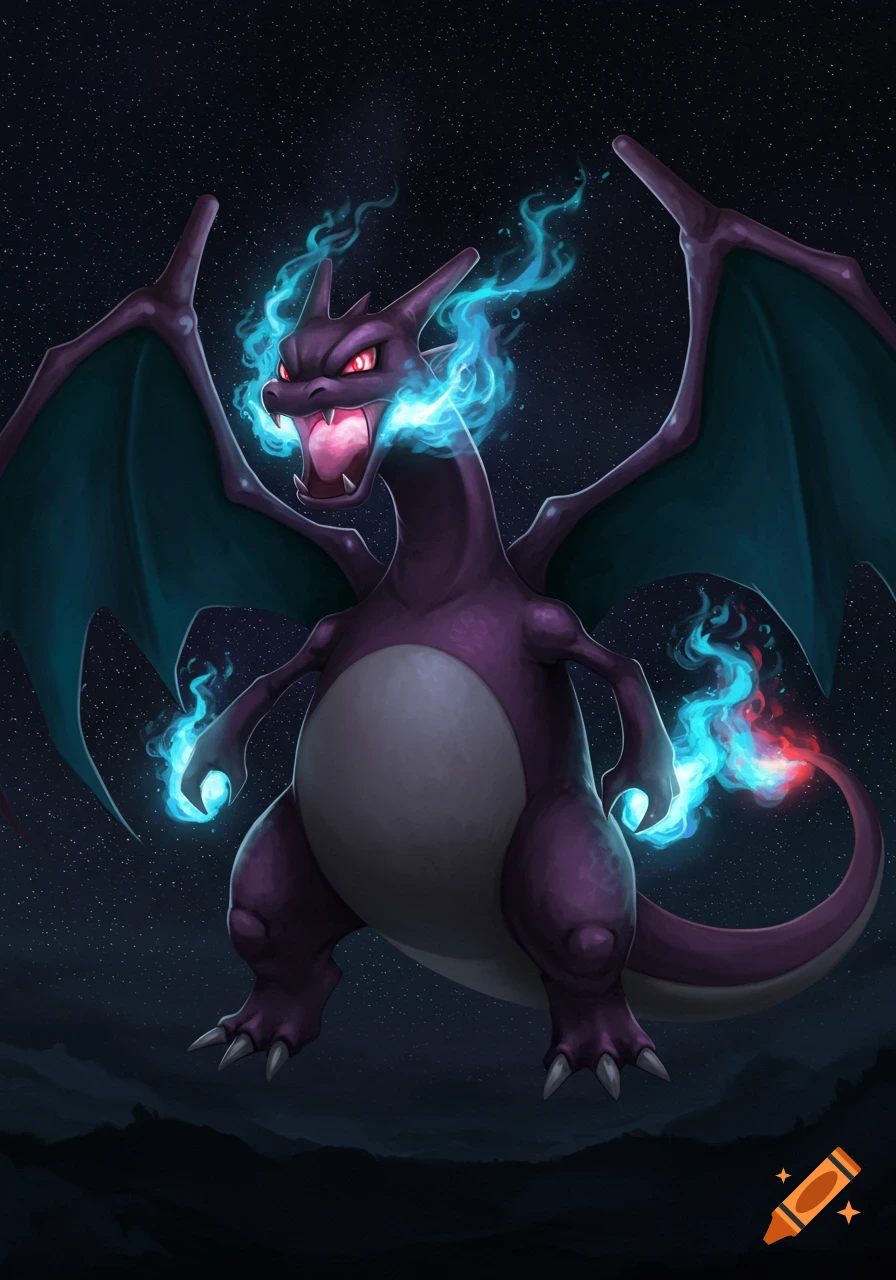 A purple Charizard-like Pok mon with red eyes and blue flames from its mouth, hands, and tail, against a starry night sky.