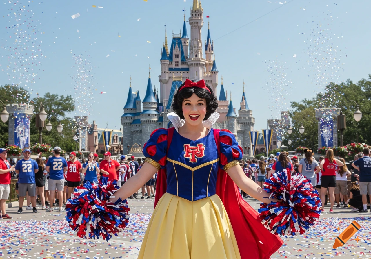 Snow White in a cheerleading uniform holds pom-poms in front of Cinderella's Castle at Walt Disney World with confetti falling.