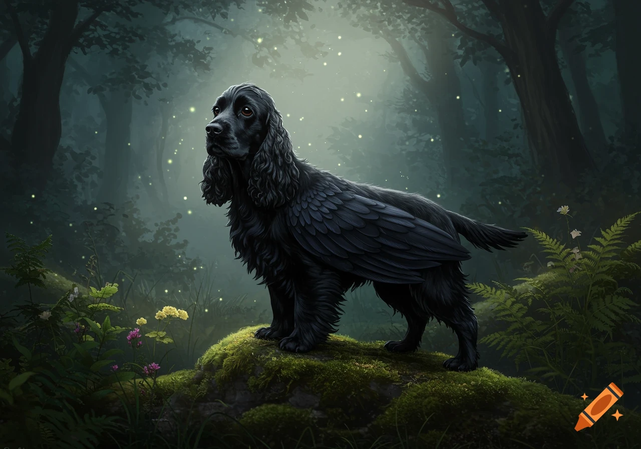 A black cocker spaniel with feathers on its back stands on a mossy rock in a mystical dark forest filled with glowing fireflies.