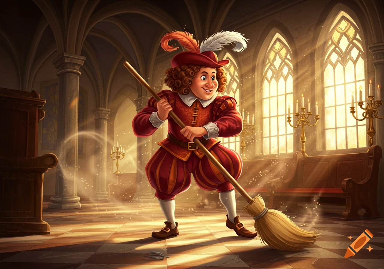 A cartoon renaissance servant in red and gold attire happily sweeps a grand, sunlit hall with a broom.