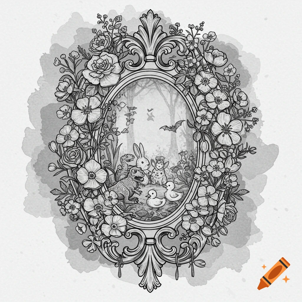 Black and white line art illustration of an ornate oval frame surrounded by flowers, enclosing cartoon animals in a forest.