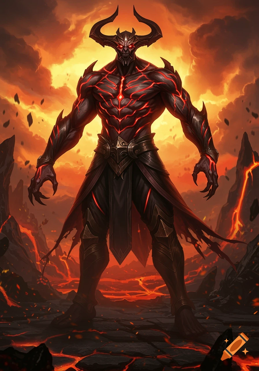 A formidable horned demon with glowing red patterns and armor stands on a lava-filled landscape under a fiery sky.