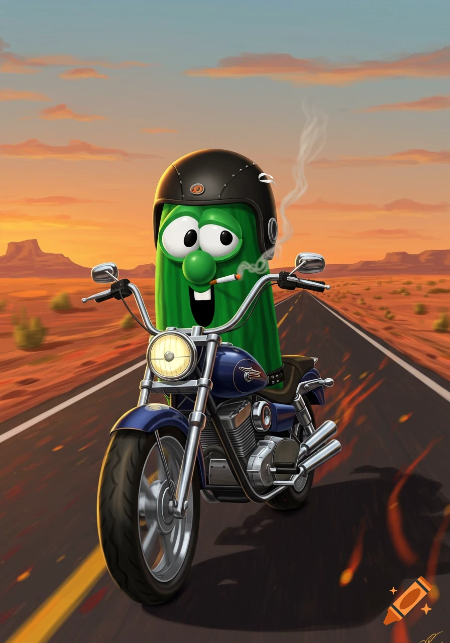Larry the Cucumber, wearing a helmet, rides a blue motorcycle on a desert road at sunset while smoking a cigarette.