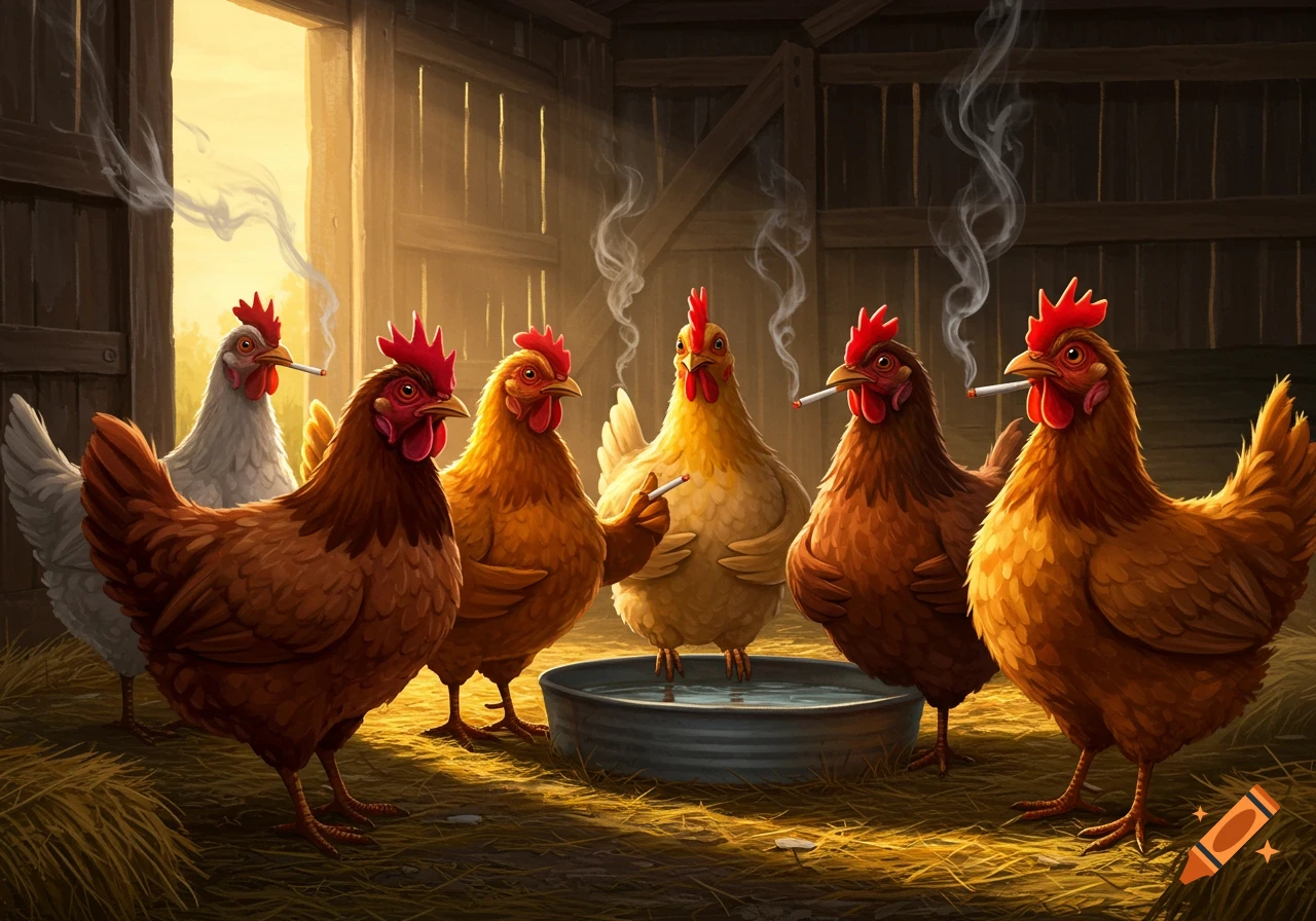 Six chickens, some smoking cigarettes, are gathered around a water trough inside a sunlit rustic barn.