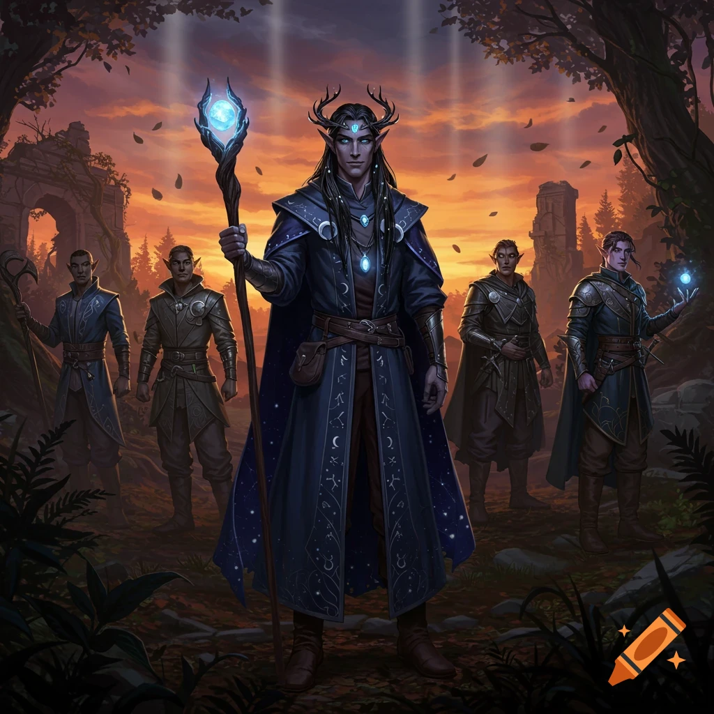 A group of elf-like fantasy adventurers, one holding a glowing staff, stand in a forest clearing at sunset.