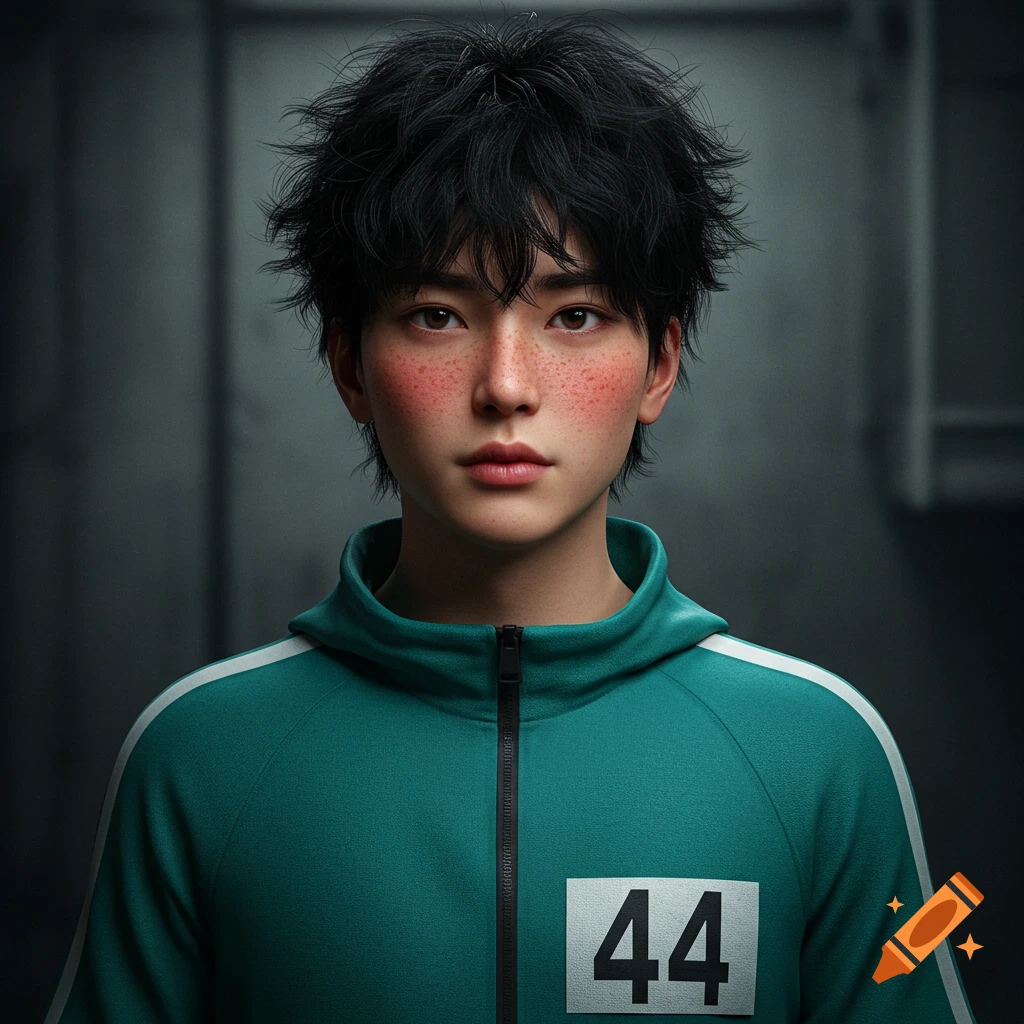 Photorealistic portrait of a young man with messy black hair and freckles, wearing a turquoise tracksuit with the number 44 on it.