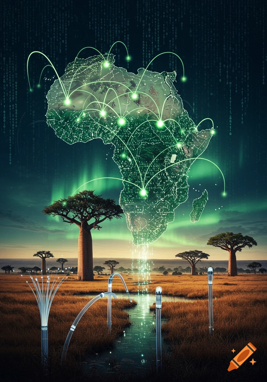 A glowing digital map of Africa with connected data lines over a landscape of baobab trees, a stream, and fiber optic structures, under an aurora sky.