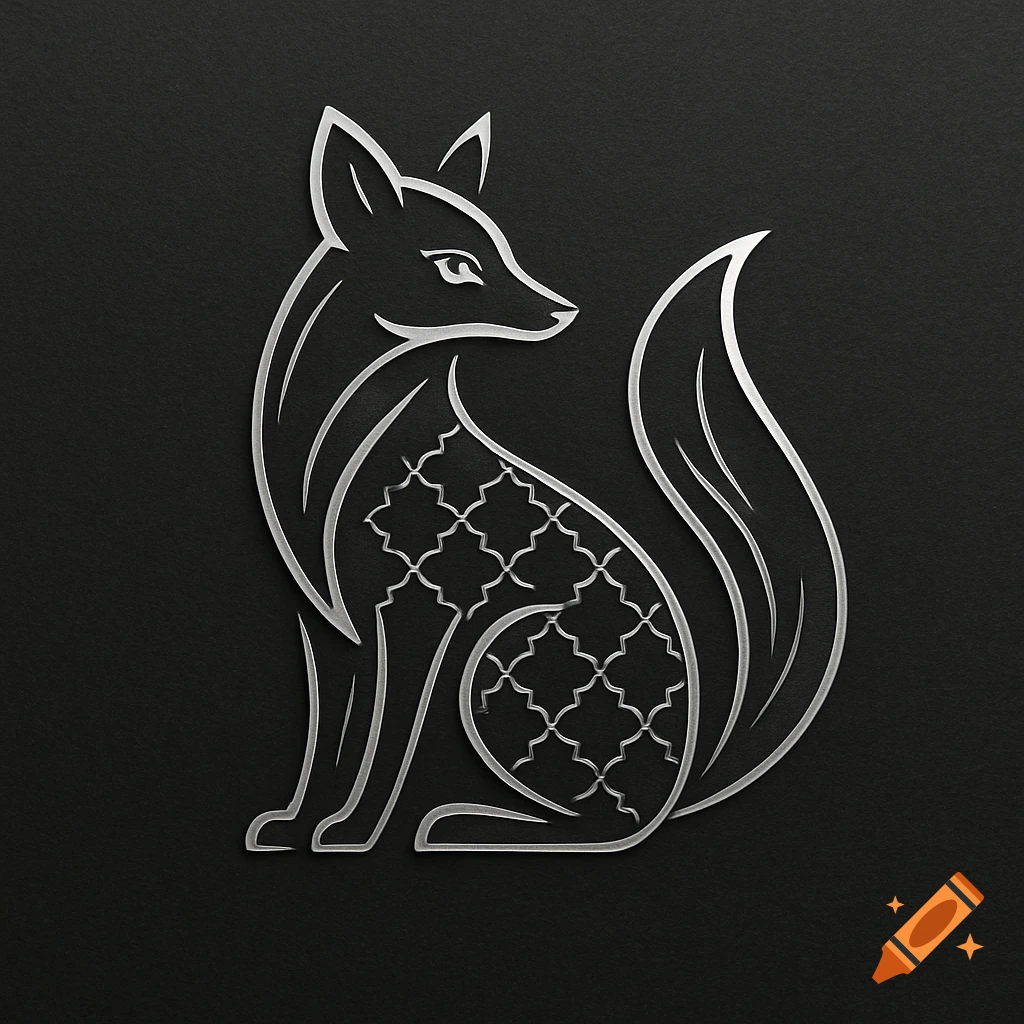 A silver, stylized fox logo with an ornate pattern on its body, set against a dark background.