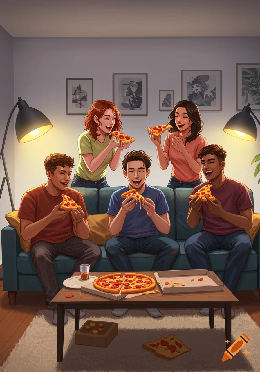 Five cheerful friends enjoy pizza on a couch in a cozy living room, depicted in a vibrant illustration style.