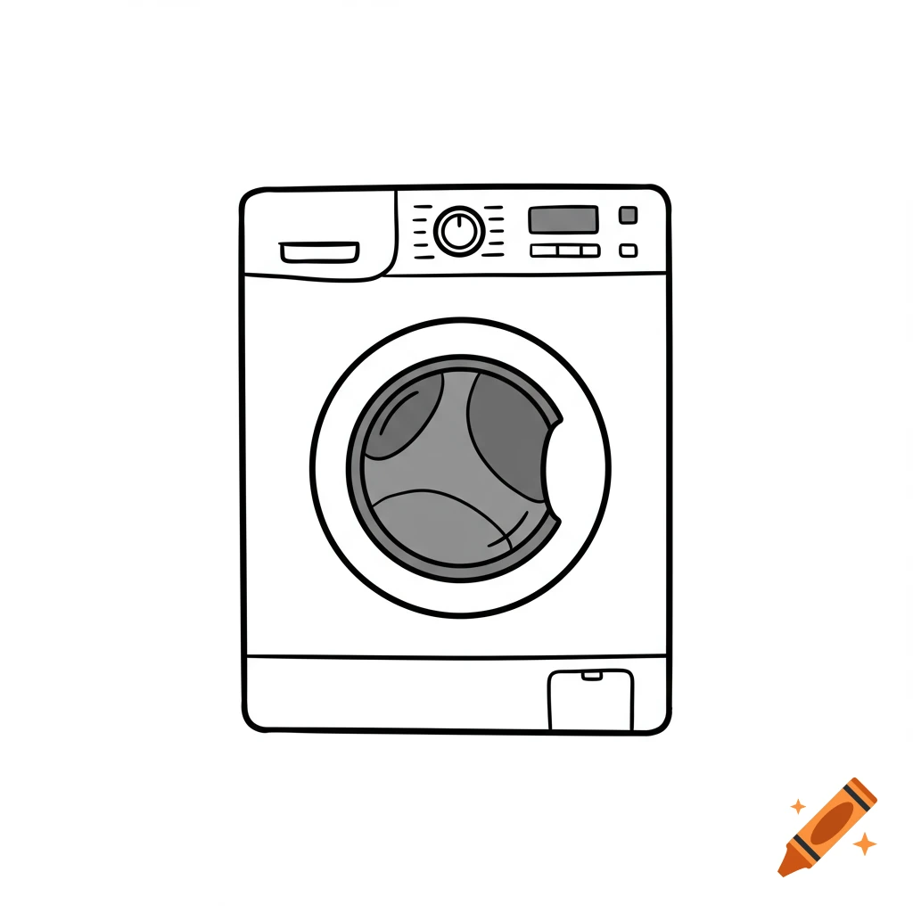 Minimalist black and white line drawing of a front-loading washing machine on a white background.