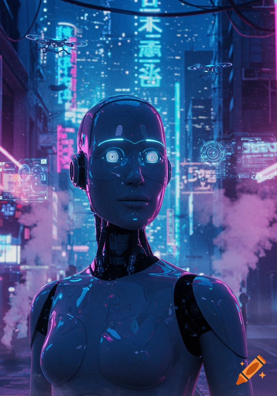 A robotic figure with glowing eyes stands in a futuristic, neon-lit cyberpunk city with flying drones.