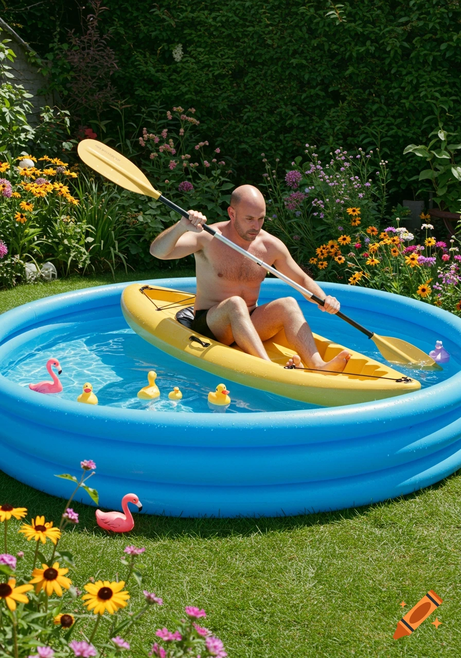 A bald man sits in a yellow kayak inside a blue inflatable pool in a sunny garden with flowers.
