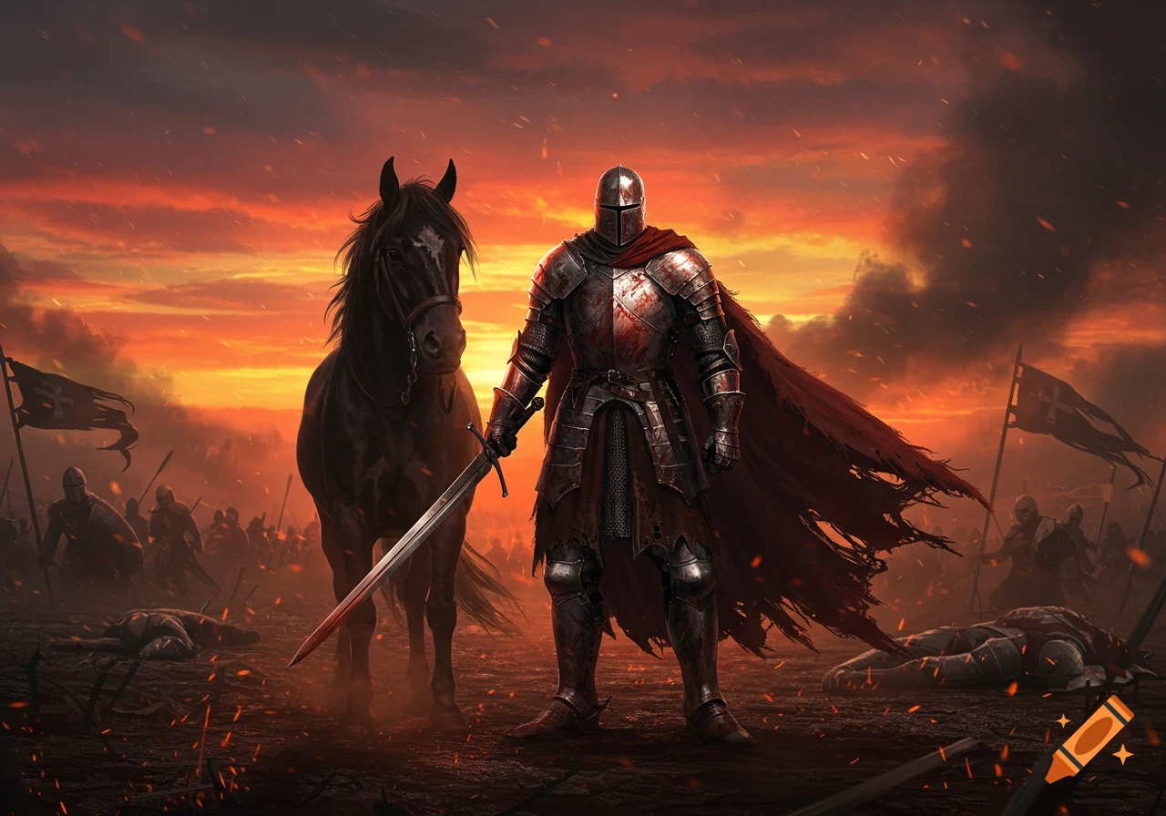 A knight in blood-stained armor with a sword stands beside a horse on a fiery battlefield with fallen soldiers, in an epic fantasy art style.