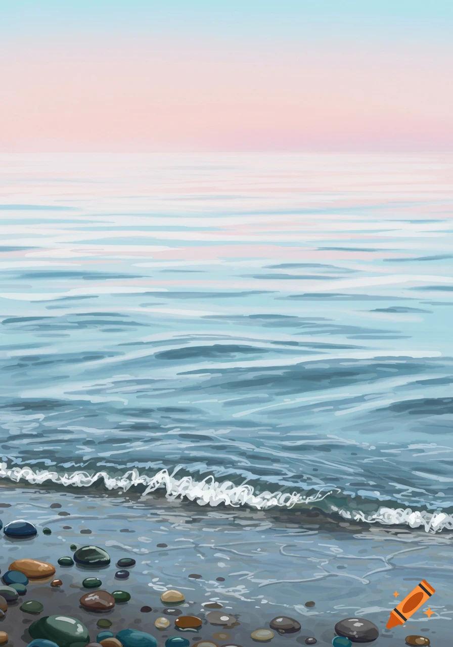 Painterly view of gentle ocean waves rolling onto a colorful pebble beach under a pastel sky.