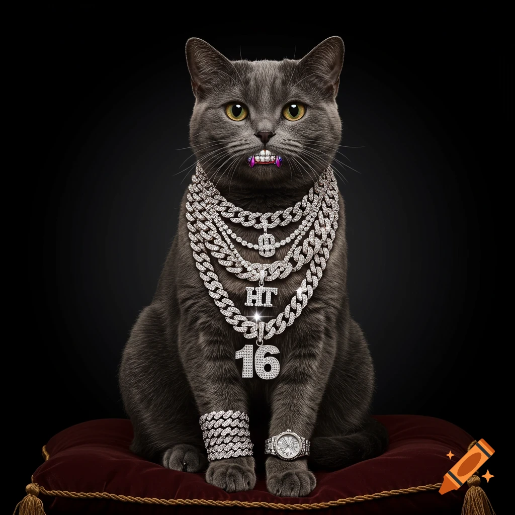 A photorealistic grey cat adorned with diamond-encrusted chains, a watch, bracelets, and sparkling grillz, sitting on a red cushion.