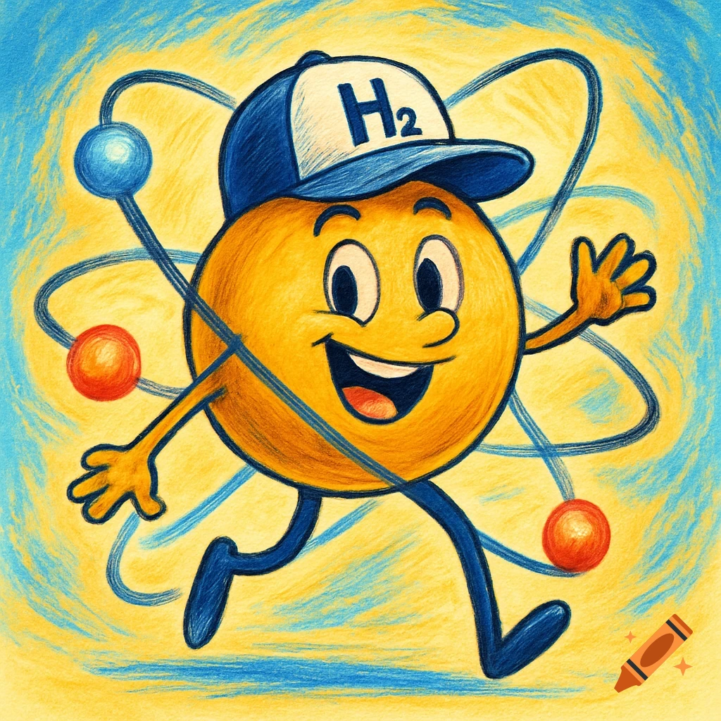 Happy cartoon atom character wearing a baseball cap with 'H2', surrounded by orbital lines and electrons, in a colored pencil style.