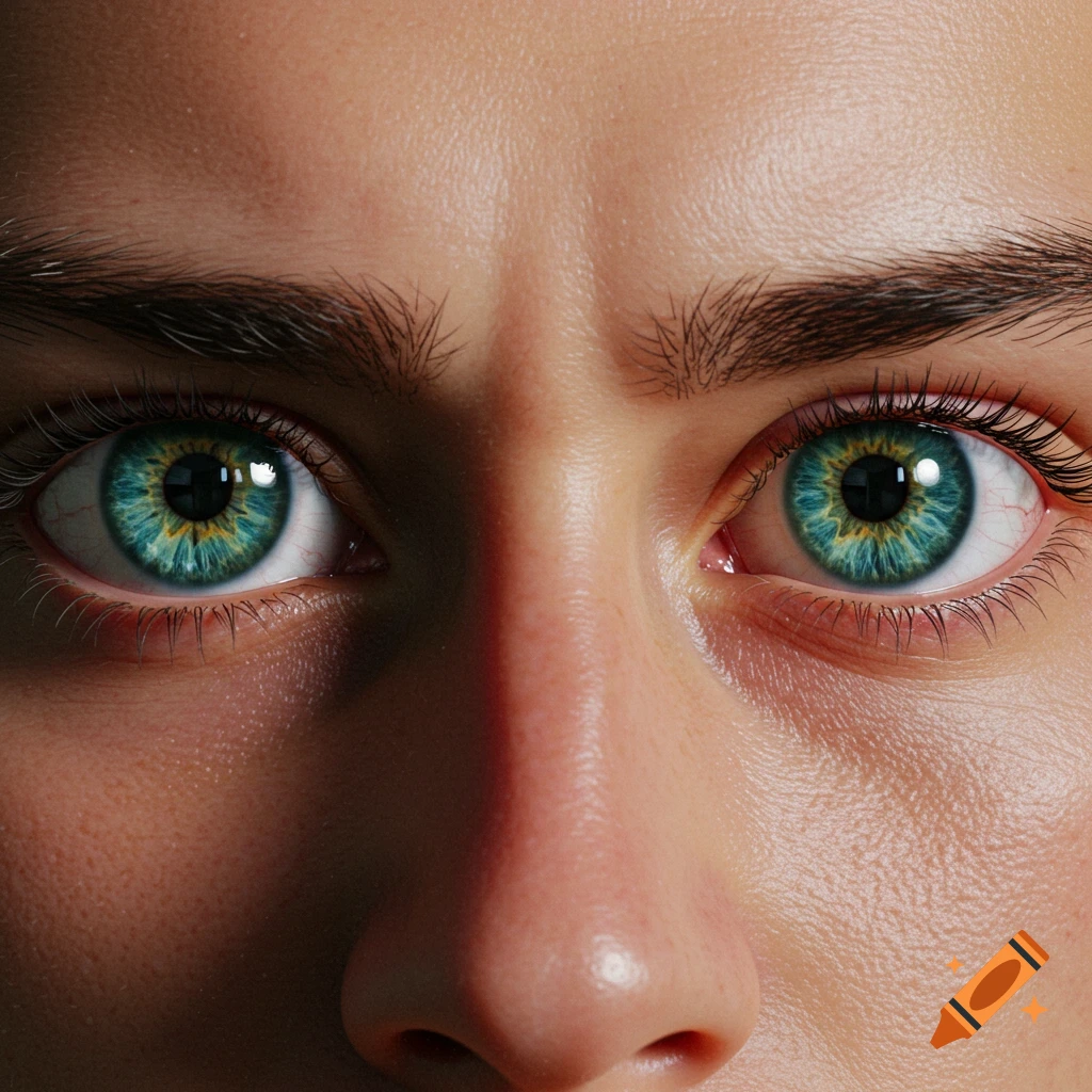 Extreme close-up of human eyes with vibrant blue-green irises and detailed skin texture.