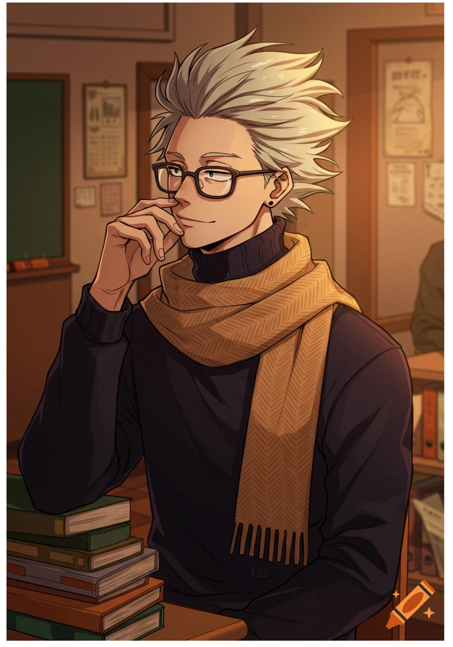 An anime-style character with spiky white hair, glasses, a dark turtleneck, and a yellow scarf sits at a desk with books in a classroom.