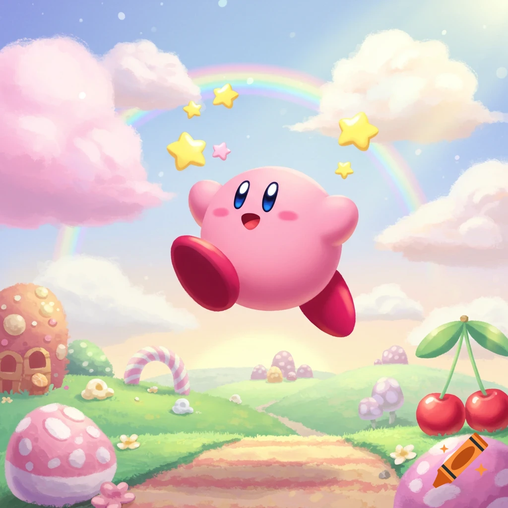 Pink Kirby floats in a whimsical, colorful landscape with a rainbow, stars, mushroom houses, and cherries.