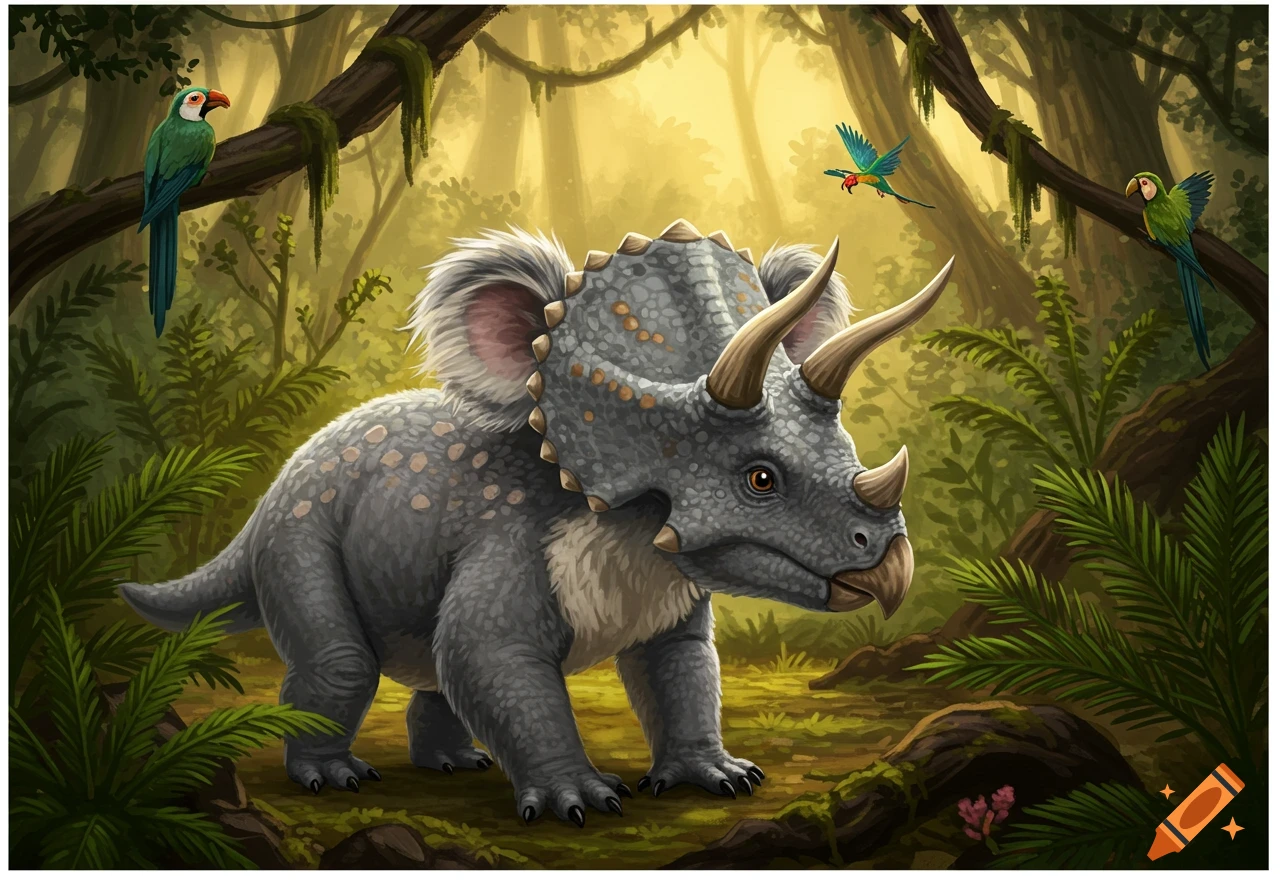 A cute, gray triceratops with fluffy, koala-like ears stands in a lush, green jungle forest with parrots in the trees, in a cartoon illustration style.