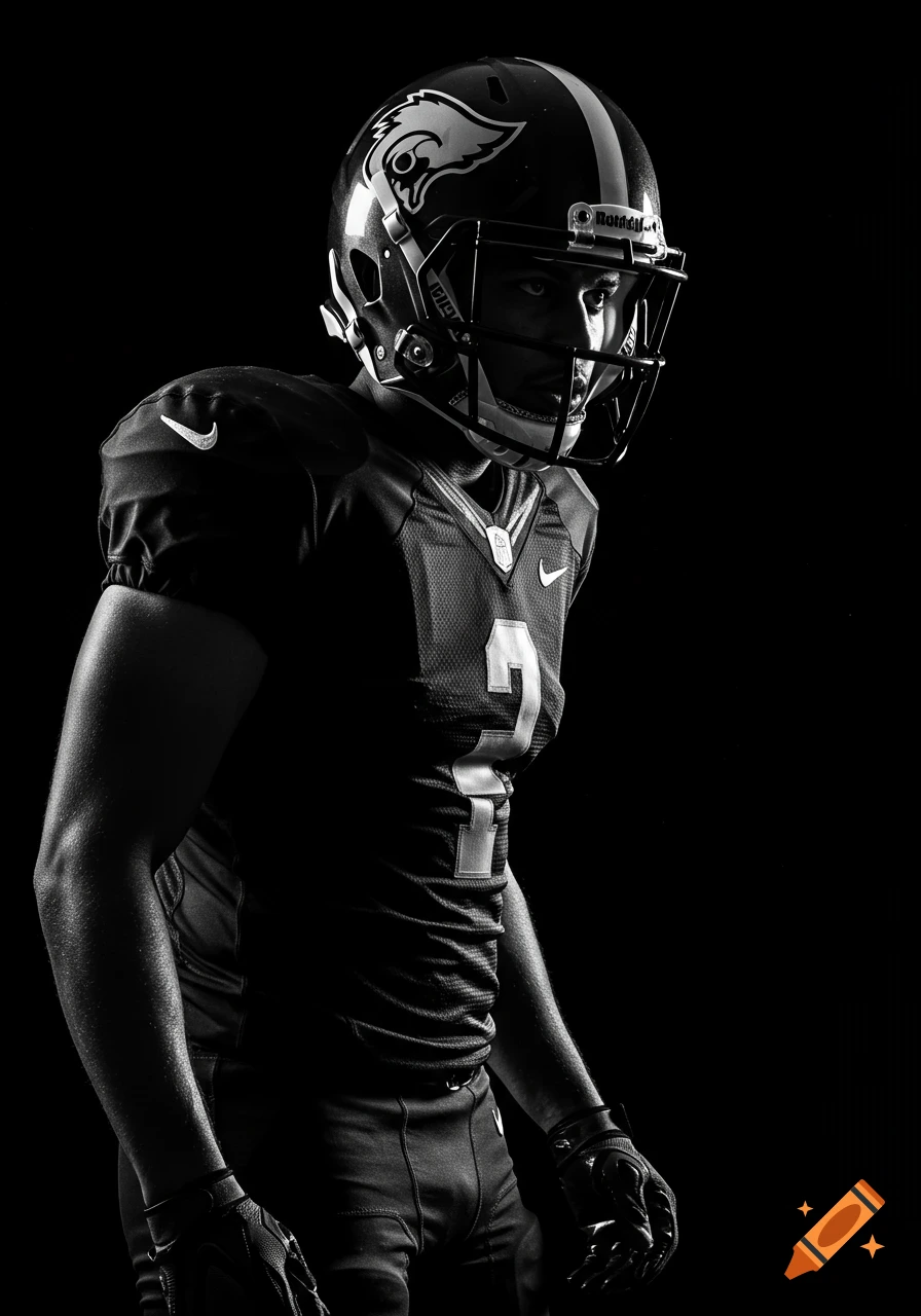A black and white studio portrait of an American football player wearing a helmet and jersey, against a dark background.