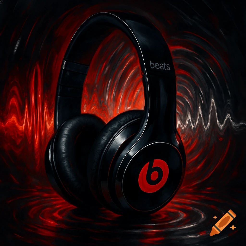 Close-up of black Beats headphones with a red logo against a dark background with red and white abstract sound waves and ripples.