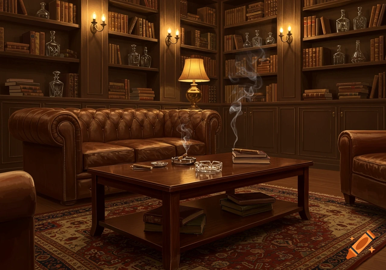 A luxurious, warm study with a brown leather Chesterfield sofa, a wooden coffee table with cigars and ashtrays, and tall bookshelves. Photorealistic.