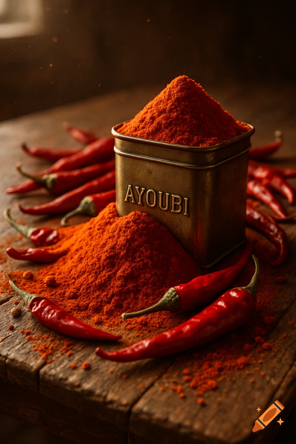 A close-up shot of a golden tin overflowing with red chili powder, surrounded by fresh red chili peppers on a wooden surface.