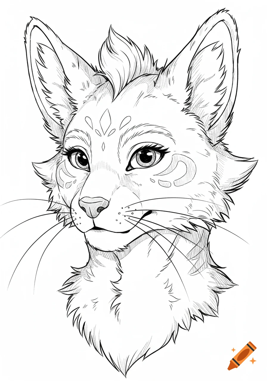 Black and white line art drawing of an anthropomorphic fox or cat-like creature's head with large ears and intricate facial markings.