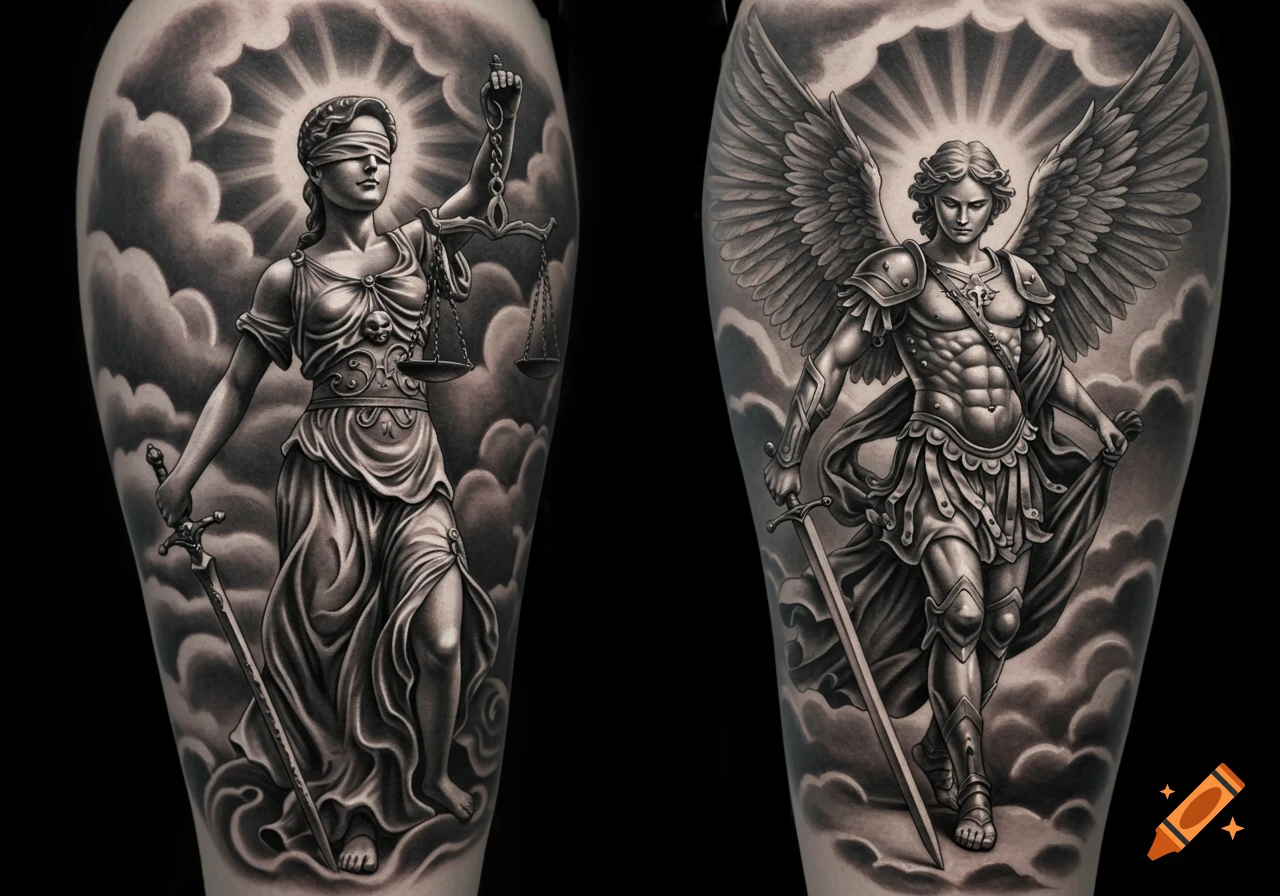 Black and grey tattoo featuring Lady Justice and Saint Michael with swords and wings amidst clouds.