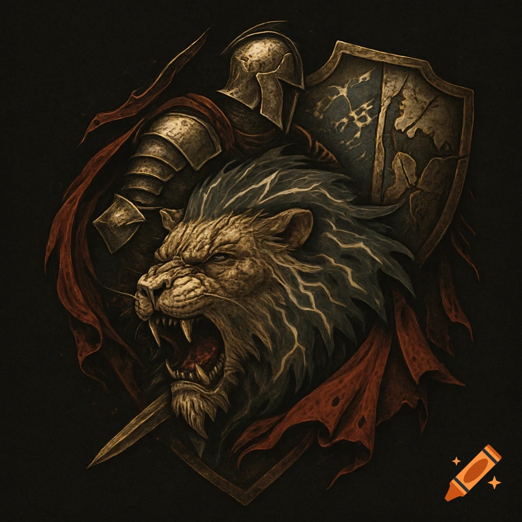 A fantasy emblem featuring a roaring lion with a knight's helmet and shield in tarnished gold, storm gray, and blood red on a dark background.