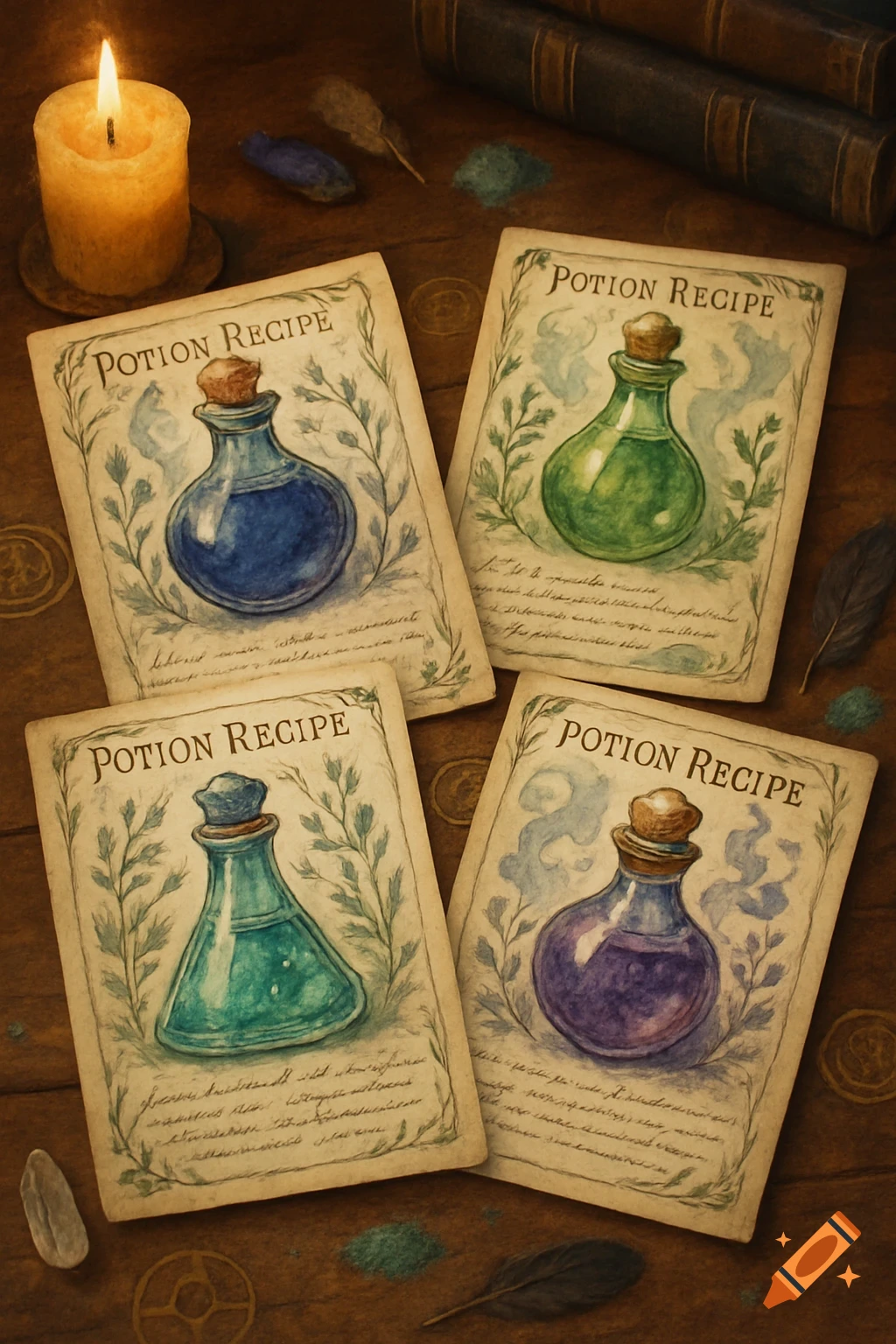 Four antique potion recipe cards with watercolor illustrations of colorful bottles on a wooden table with a lit candle and old books.