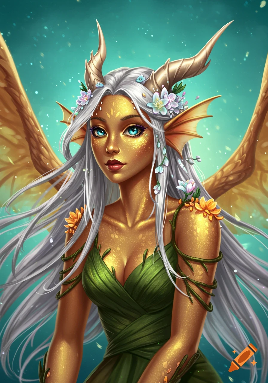 Digital portrait of a fantasy woman with golden skin, long silver hair, horns, and dragon wings, wearing a green leaf dress.