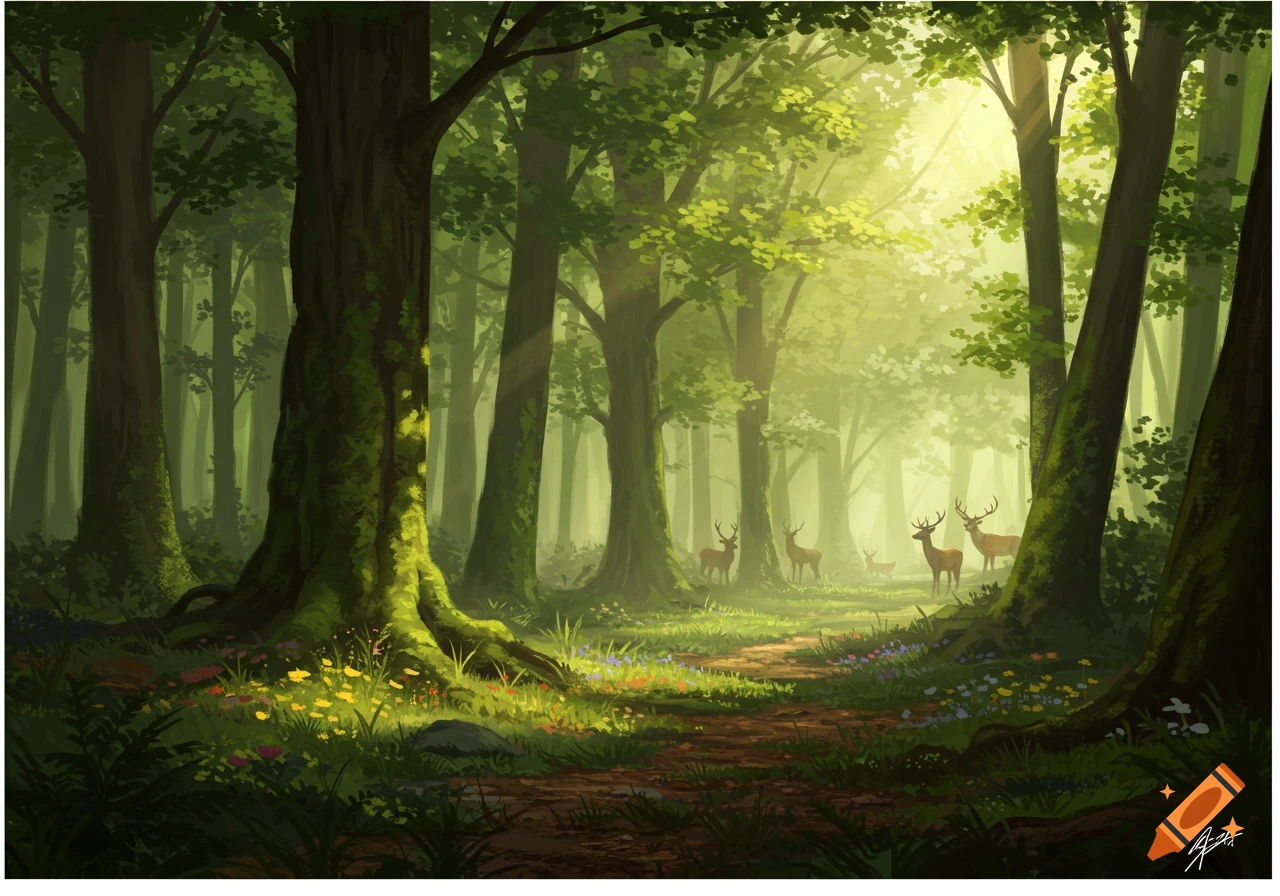 A digitally painted scene of a sunlit forest with a path and several deer grazing among trees and flowers.