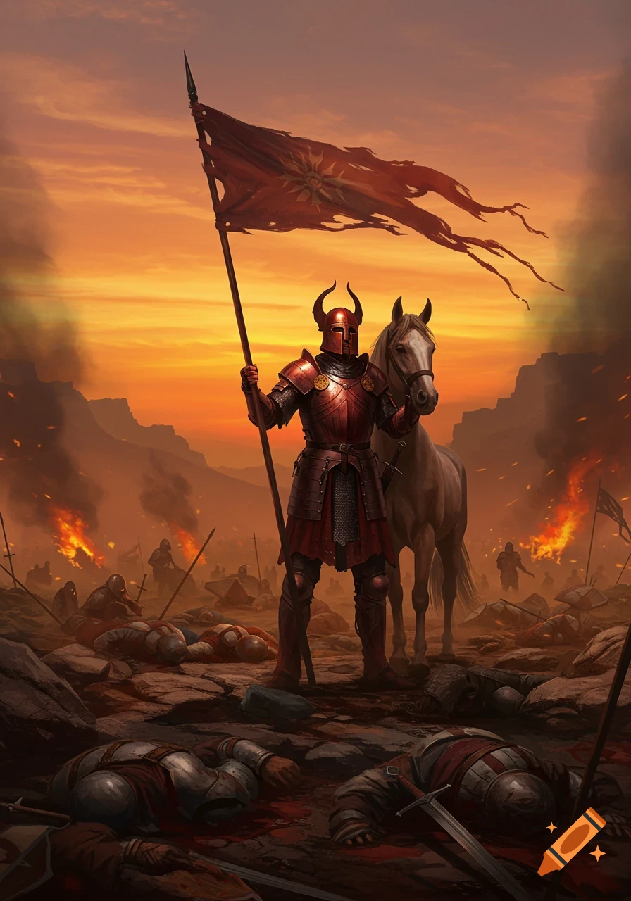 A knight in red armor holding a tattered flag stands on a battlefield with fallen soldiers and fires burning at sunset.