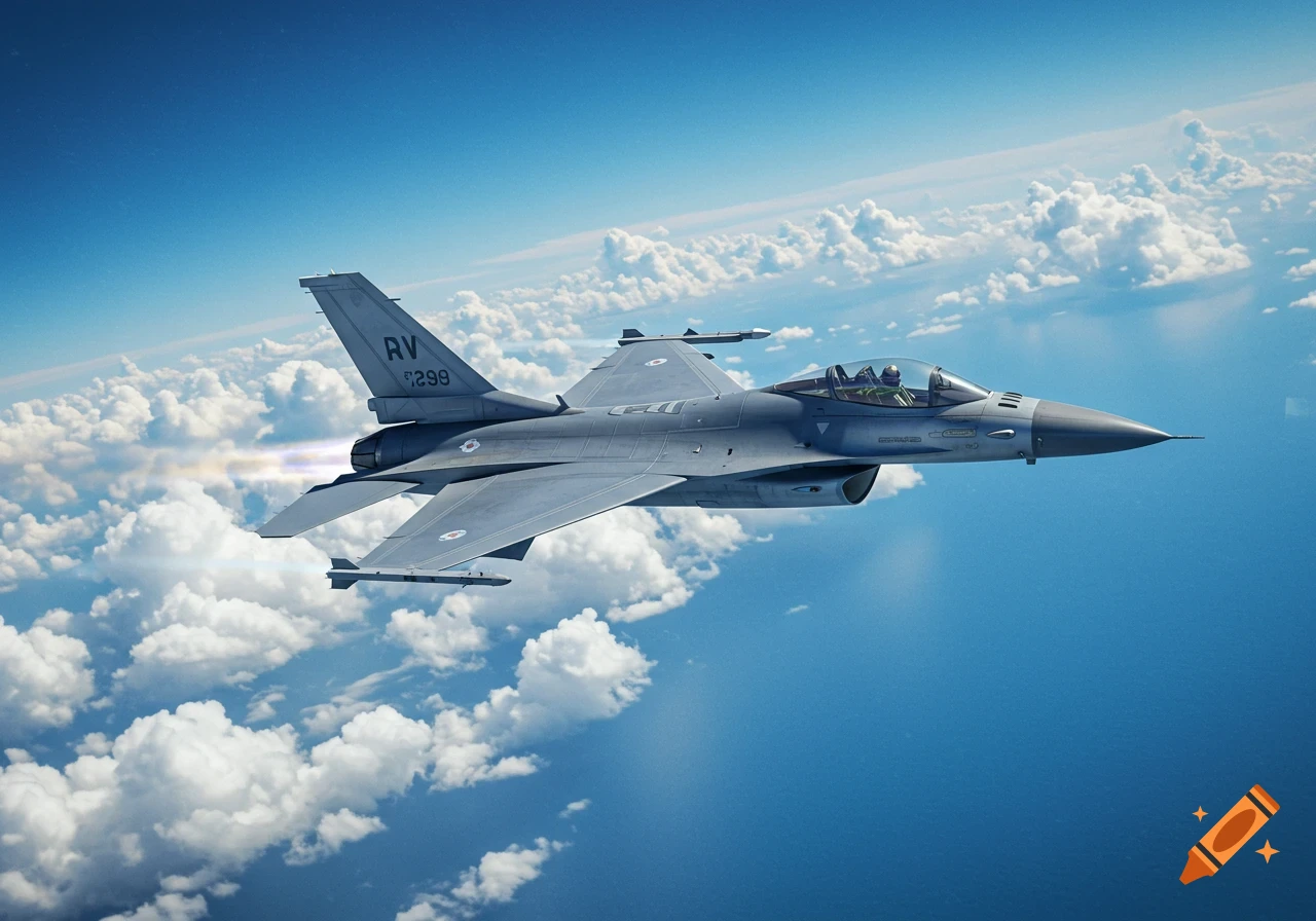 A grey F-16 fighter jet with markings RV 299 on its tail flies through a clear blue sky above white clouds, seen from a side angle with engine exhaust visible.