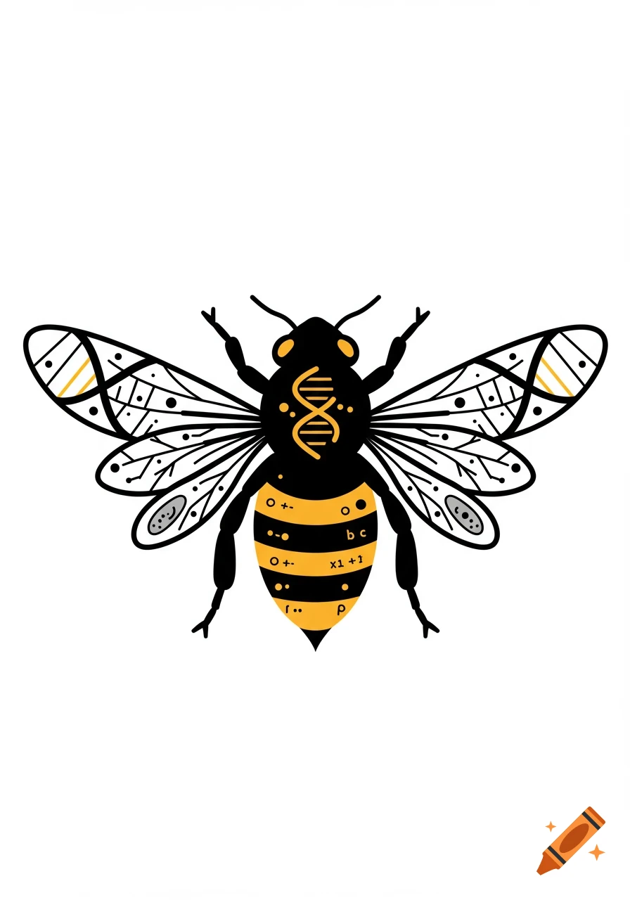 A stylized line drawing of a bee with black and yellow stripes, featuring DNA helices on its head and wings, and various scientific symbols on its body.