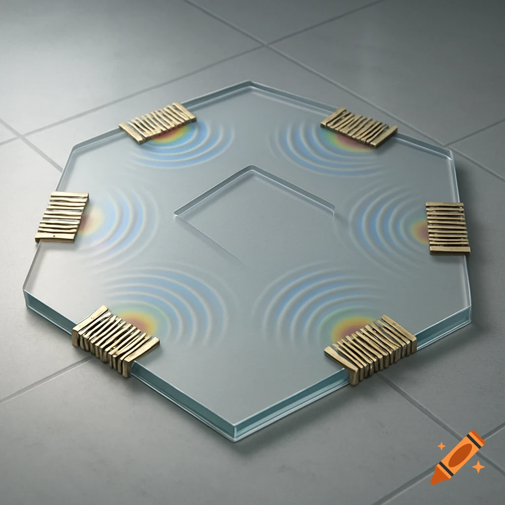 A realistic technical illustration of a hexagonal glass substrate with six golden interdigital transducers generating colorful ripples.